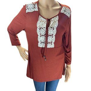 (5 for $25) NWT Style & Co Lace Placket Ribbed Peasant Blouse in Rich Auburn NWT